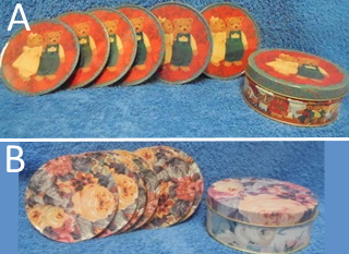 Korkkipohjaiset lasinaluset 6kpl peltirasiassa, Nallet tai Ruusut, S36