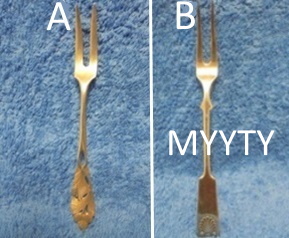 Hopeinen leikkelehaarukka, Kultakeskus K�py. A231