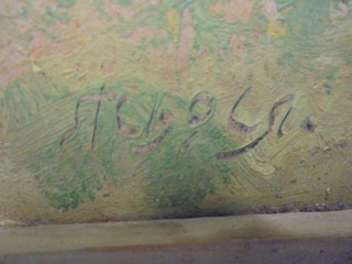 Vanha kulunut taulu, mkki niemess ja vene, sign., S615