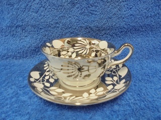 Royal Chelsea, teekuppi ja tassi, hopea/ valkoinen/ lehdet, A1674