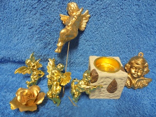 Kullanväriset joulukoristeet, enkelit 6kpl, kynttilänjalka, ruusu, E117