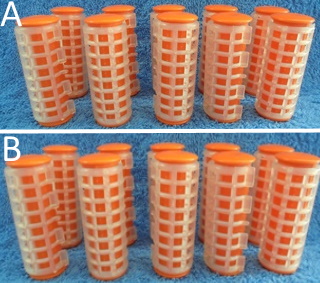 Vanhat oranssit muoviset papiljotit 10kpl, kirkas kiinnitysmuovi, V836
