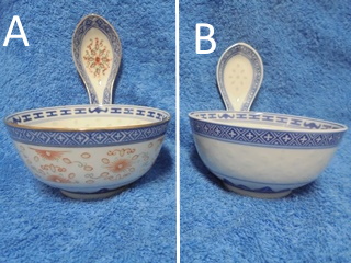 Kiinalaiset riisiposliinit, kulho ja lusikka, vriks tai sinivalkoinen, A1914
