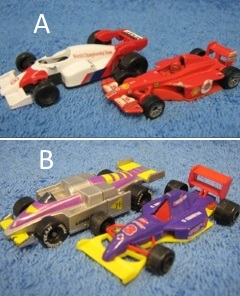 Pienet Formula-autot 2kpl, valkoinen ja punainen tai harmaa ja violetti, E533
