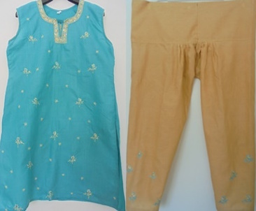 Intialainen kurta- ja housuasu XL, vihre� tunika ja keltaiset housut, V975